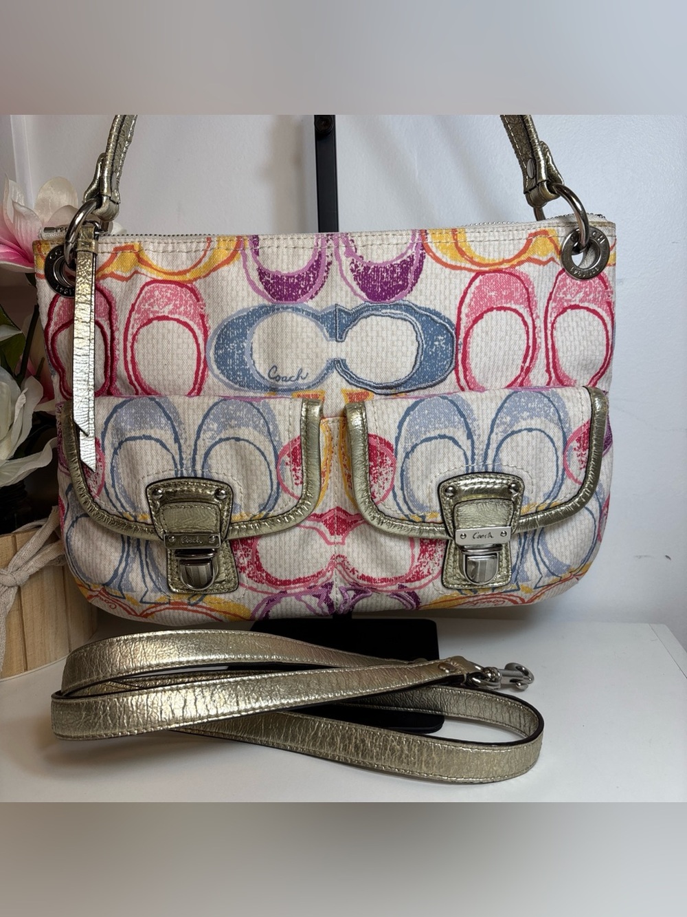 Y2K Coach Poppy Daisy Dream C Scribble Print Hippie Shoulder Bag 19030